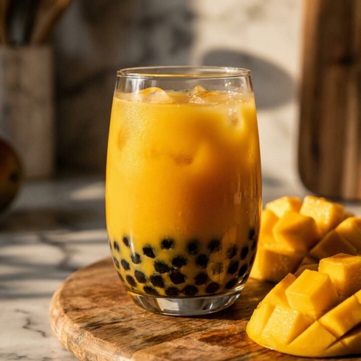 mango bubble tea recipe in a glass with tapioca pearls and mango