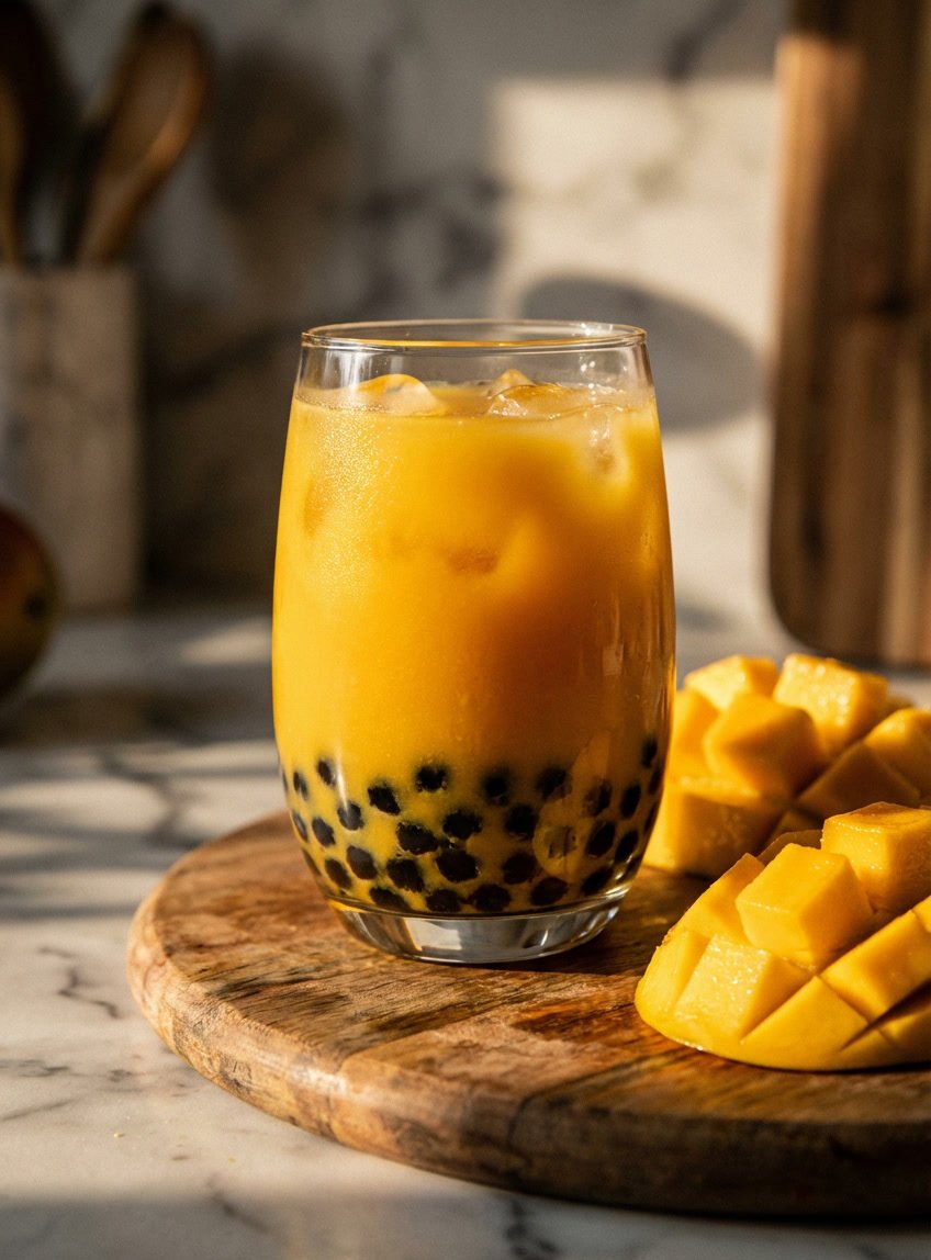 mango bubble tea recipe in a glass with tapioca pearls and mango