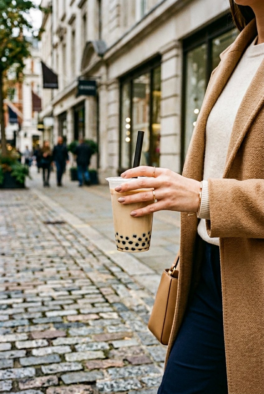 Woman holding a light milk tea with boba while walking on a city street