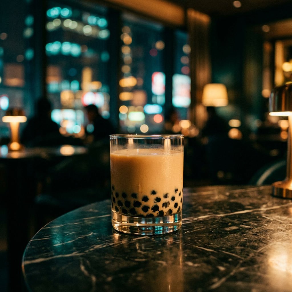 No sugar bubble tea in a glass on a dark marble table with a moody city-style background