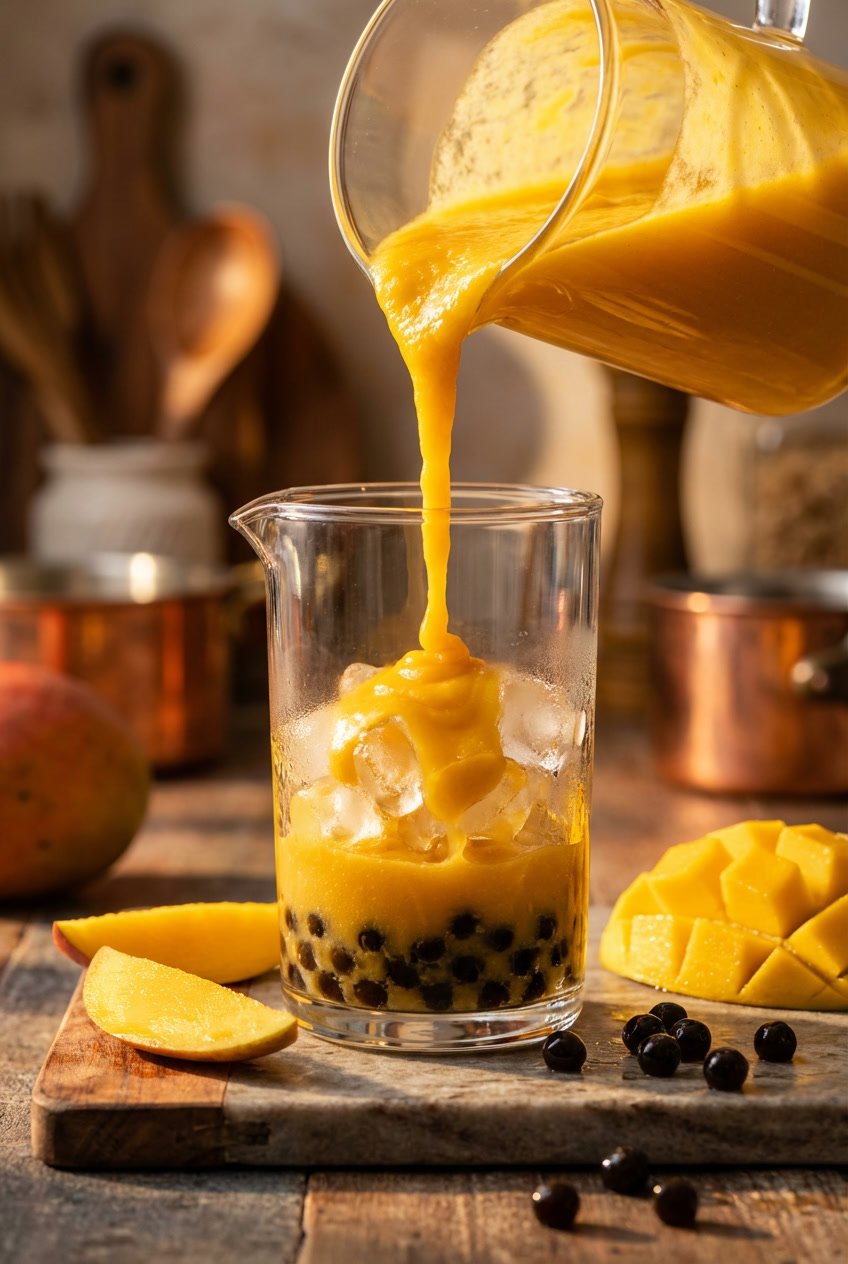 pouring mango bubble tea over ice and tapioca pearls in a glass
