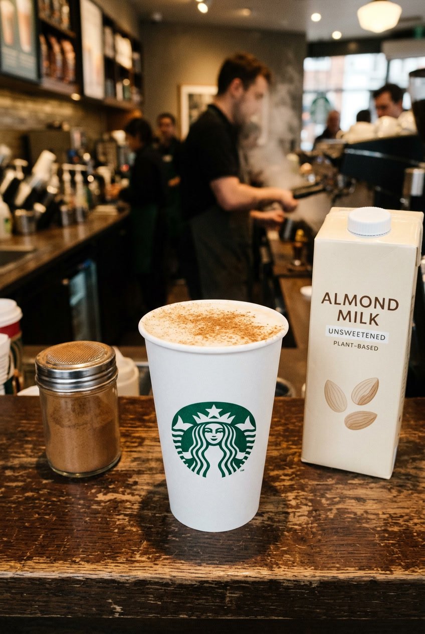 Starbucks chai latte calories image with almond milk and cinnamon on cafe counter