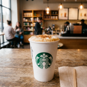 Starbucks chai latte calories guide with hot chai latte on cafe table