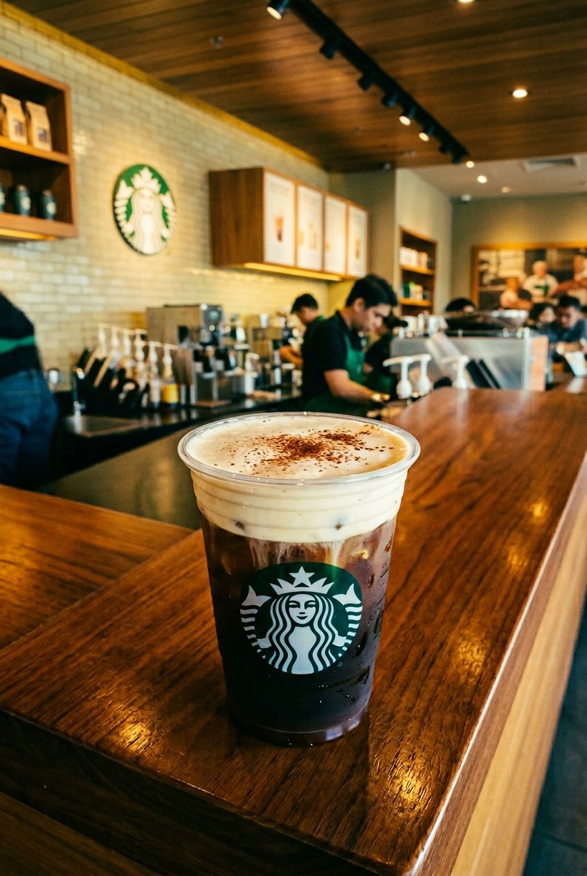 Starbucks cold foam drink in a branded cup on a counter with baristas in the background