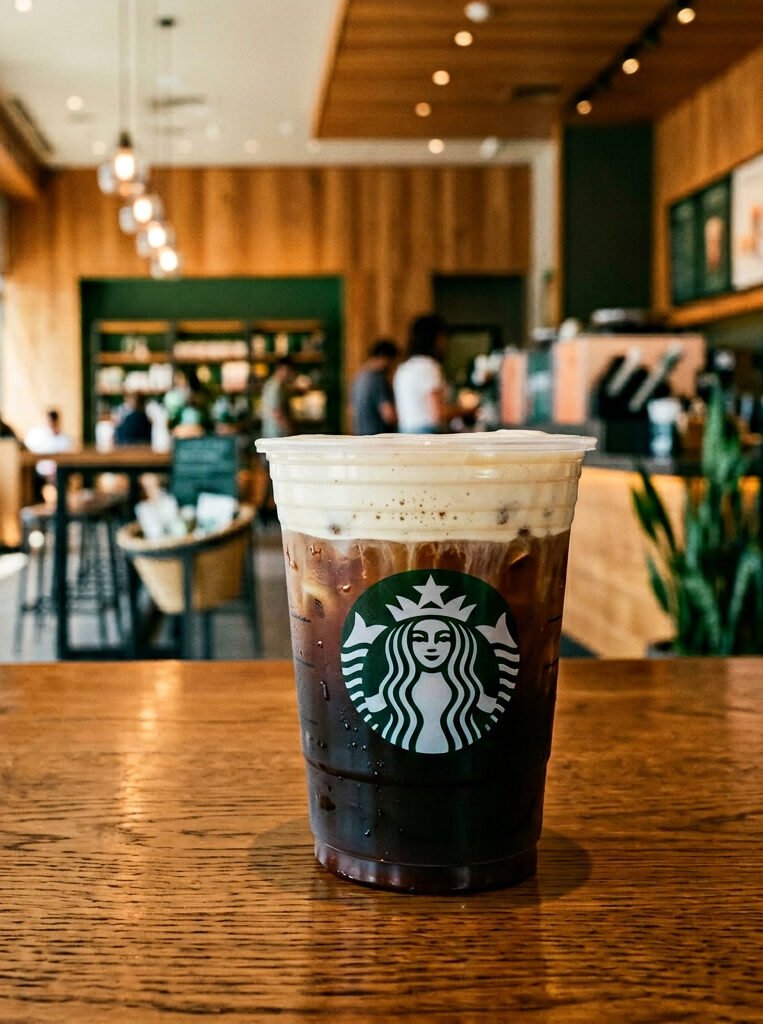 Starbucks cold foam drink in a branded Starbucks cup inside a bright Starbucks coffee shop