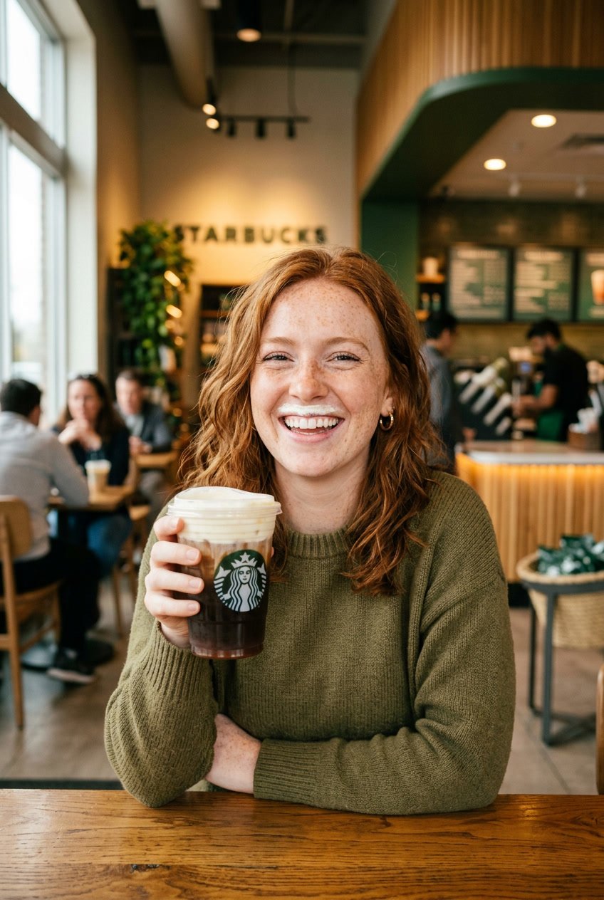 Smiling freckled red-haired woman holding a Starbucks cold foam drink inside a Starbucks coffee shop