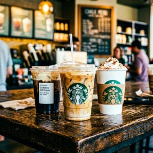 Starbucks drinks including cold brew, iced latte, and whipped coffee showing different calorie levels