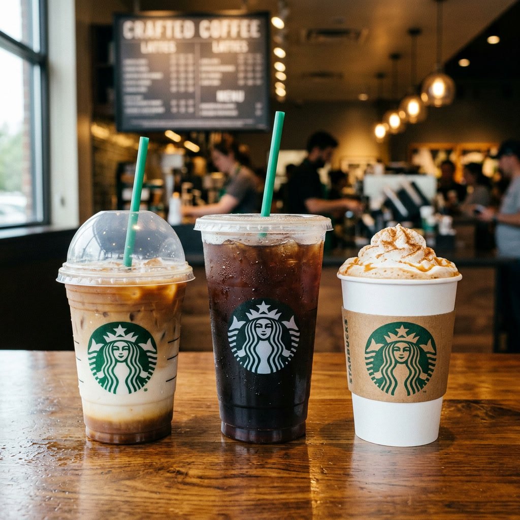 Starbucks drinks including iced latte, cold brew, and whipped coffee showing how milk and toppings affect calories