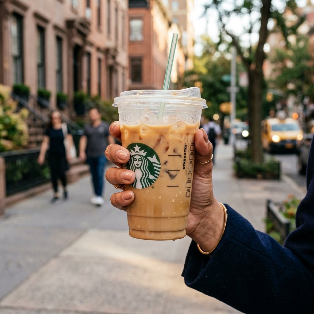 Starbucks iced coffee in hand on a New York City street showing everyday coffee order