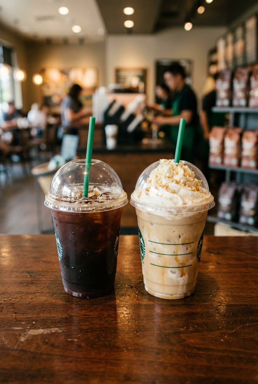Starbucks iced coffee next to a creamy frappuccino style drink showing light vs high calorie options