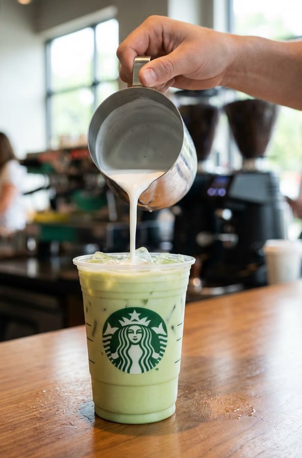 Milk being poured into an iced Starbucks Matcha Latte