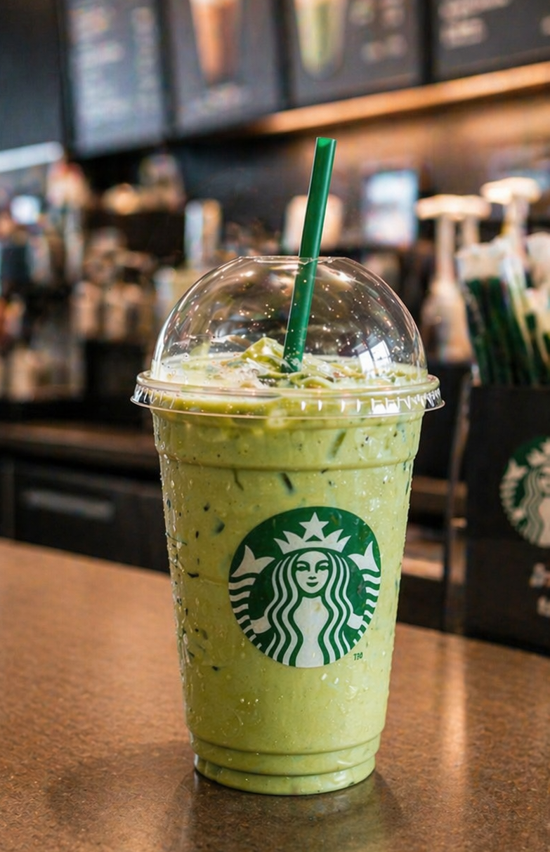 Iced Starbucks Matcha Latte on a Starbucks counter