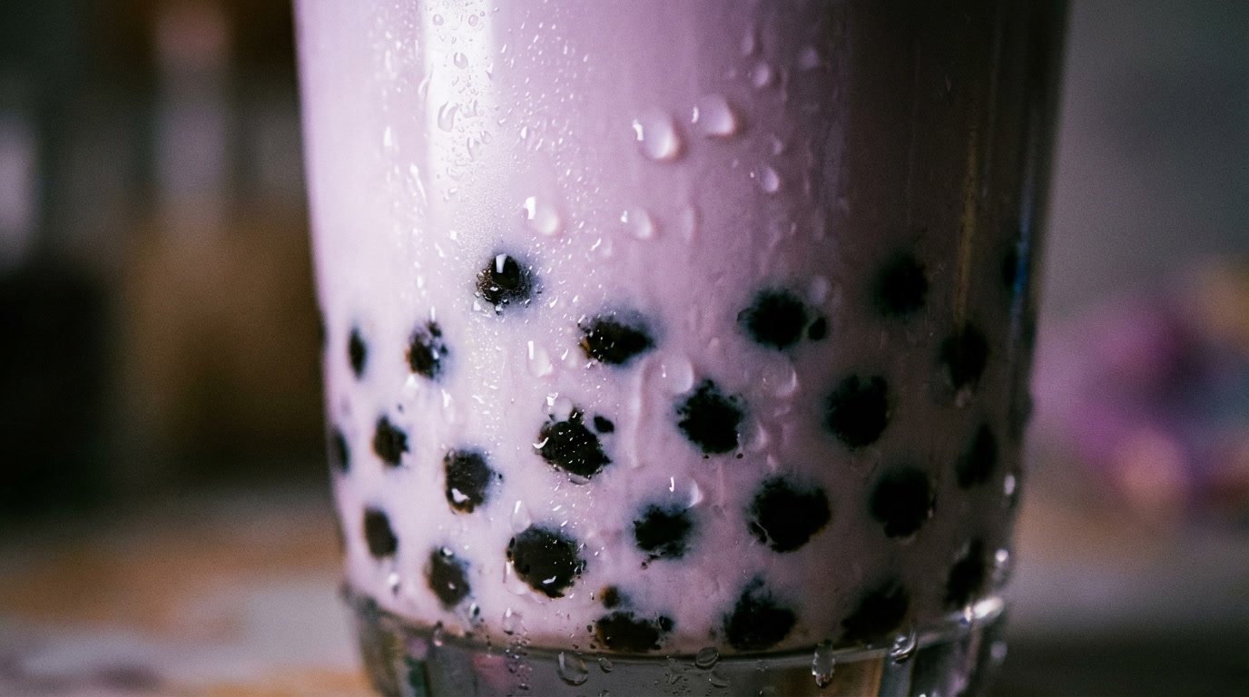 close-up of classic taro milk tea with black tapioca pearls and condensation