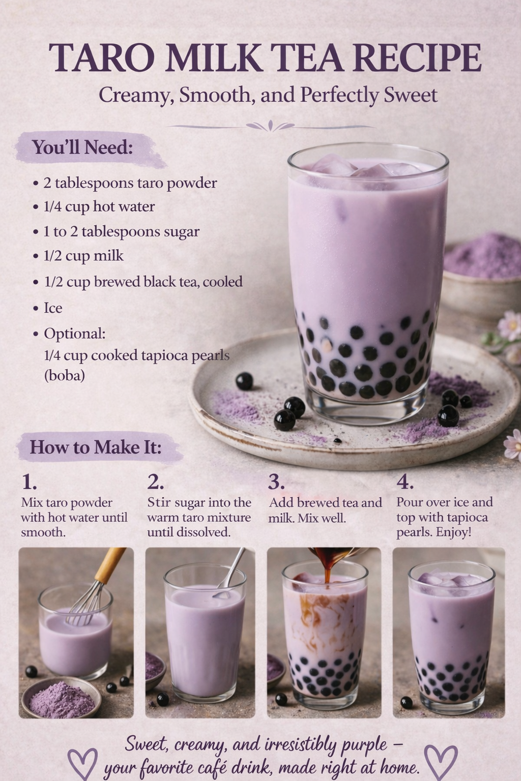 Pinterest pin for classic taro milk tea recipe with ingredients and step-by-step instructions