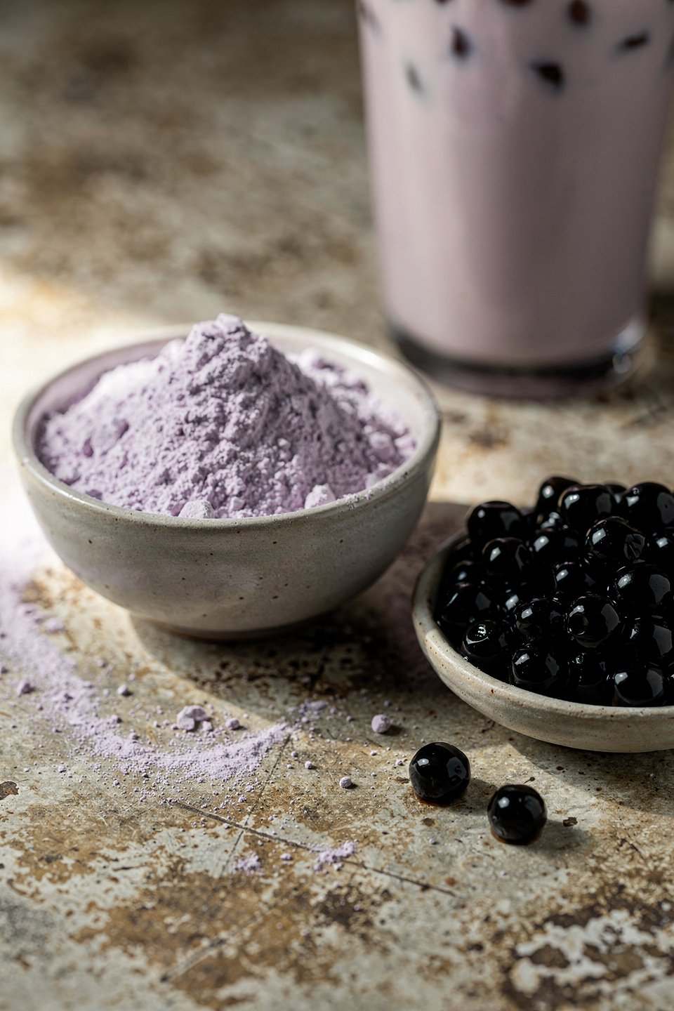 taro powder and black tapioca pearls for classic taro milk tea