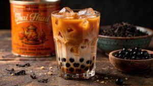 thai milk tea recipe in a tall glass with boba pearls, ice, and Thai tea ingredients