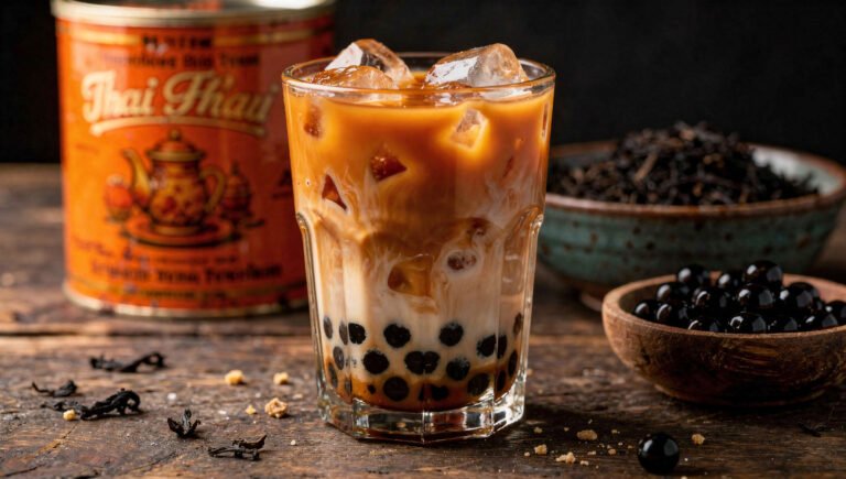 thai milk tea recipe in a tall glass with boba pearls, ice, and Thai tea ingredients