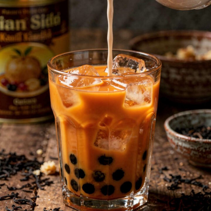 Thai milk tea recipe with boba in a faceted glass