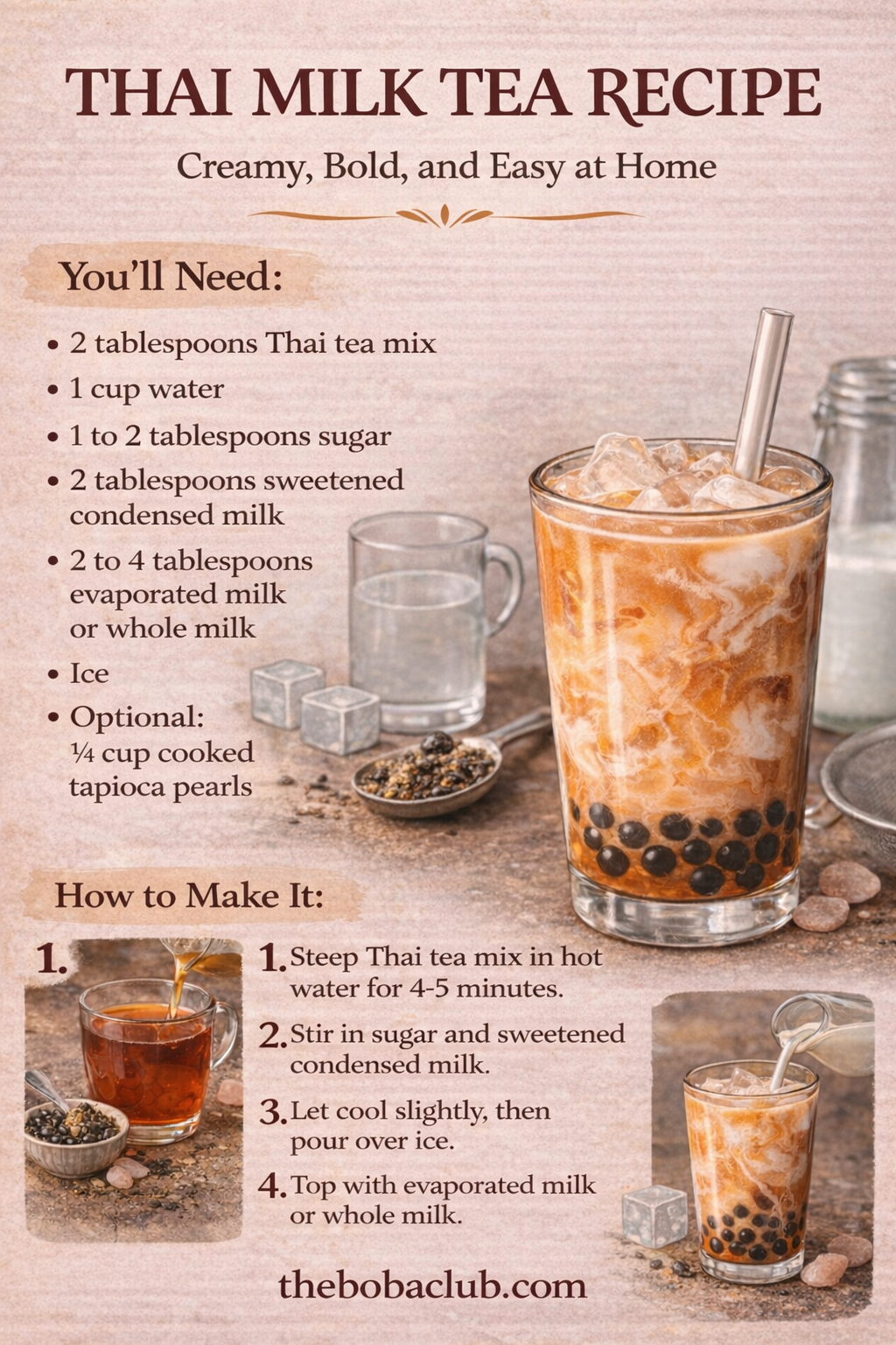 Thai milk tea recipe pin with ingredients and step-by-step instructions