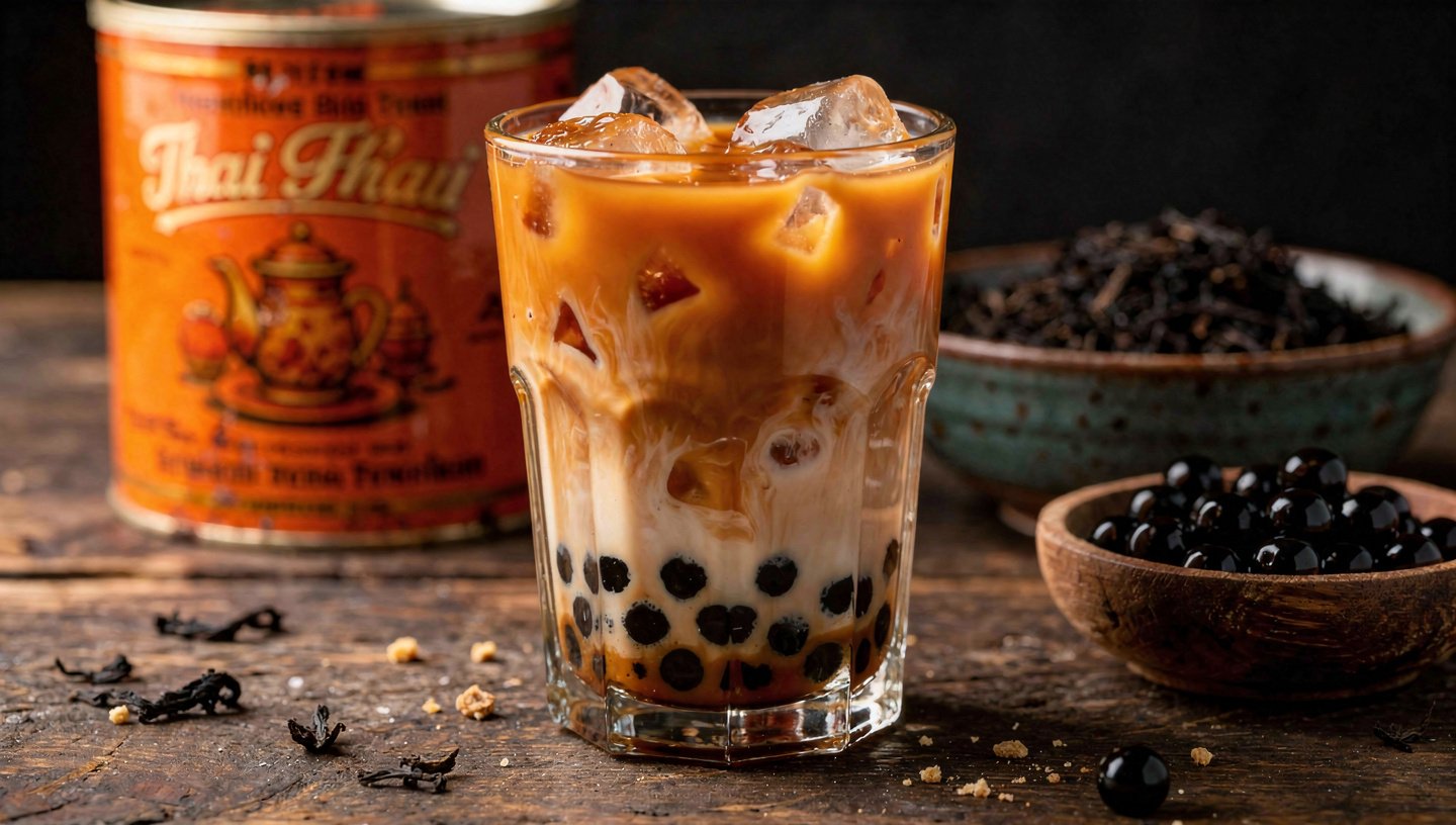 thai milk tea recipe in a tall glass with boba pearls, ice, and Thai tea ingredients